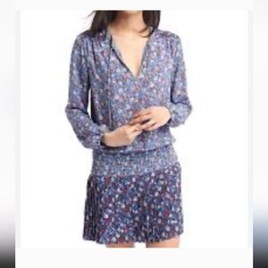 Gap women dress blue mixed floral, long sleeve, neck tie pleated smocked